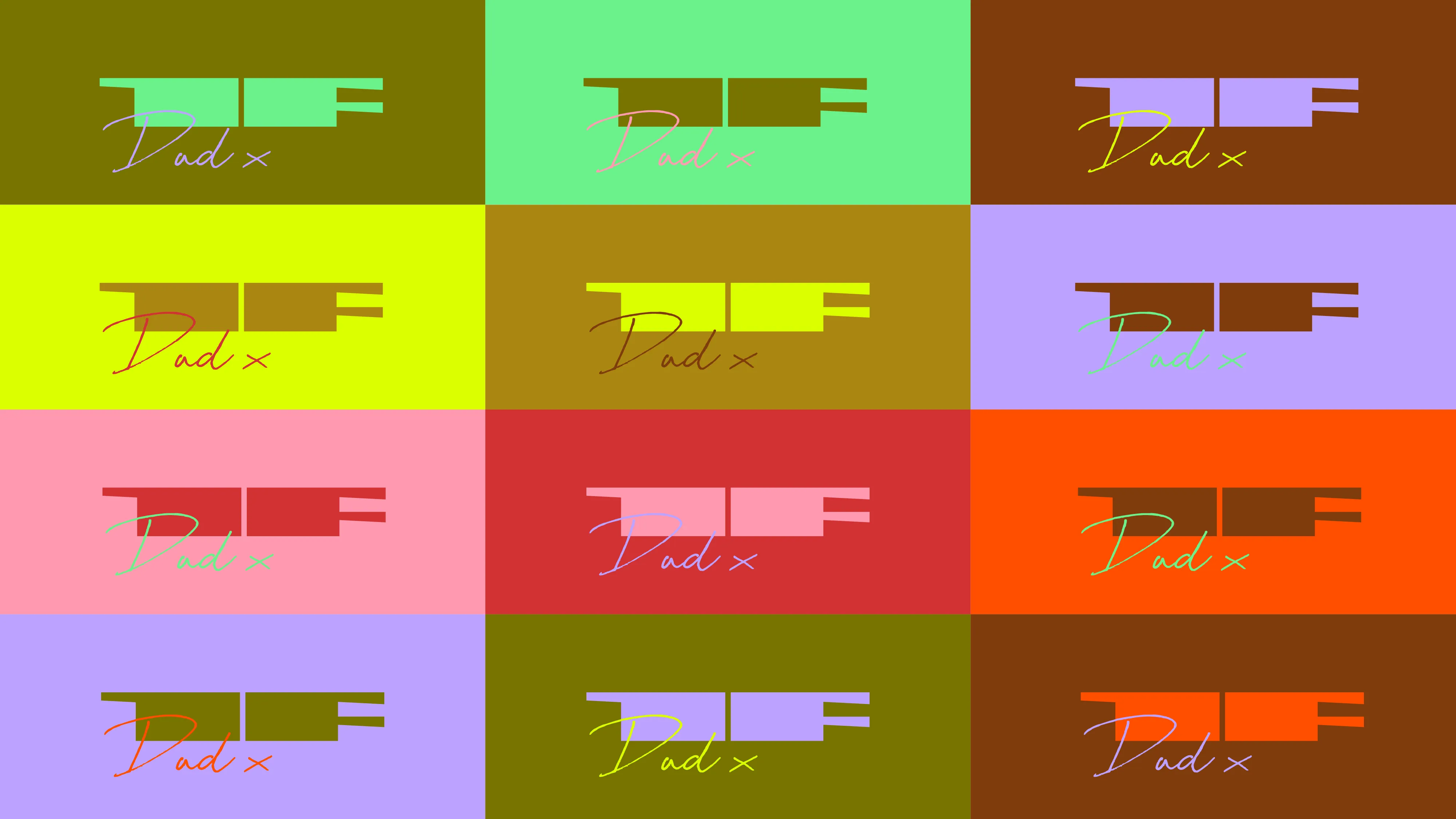 Twelve colourway tiles pairing the Anvil mark with the Dad× script across the palette