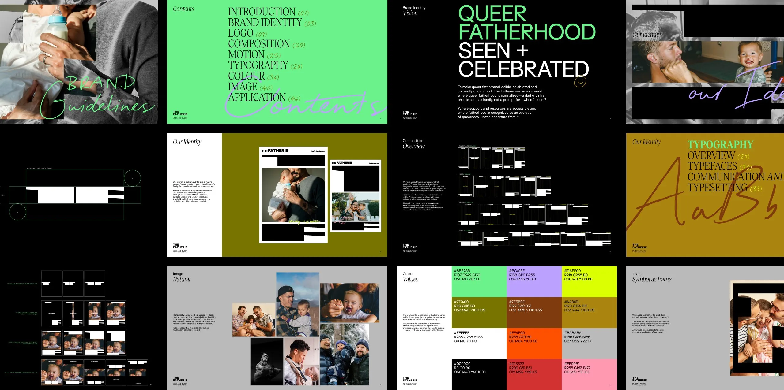 Twelve spreads from The Fatherie brand guidelines: contents, vision, identity, composition, typography, colour and image