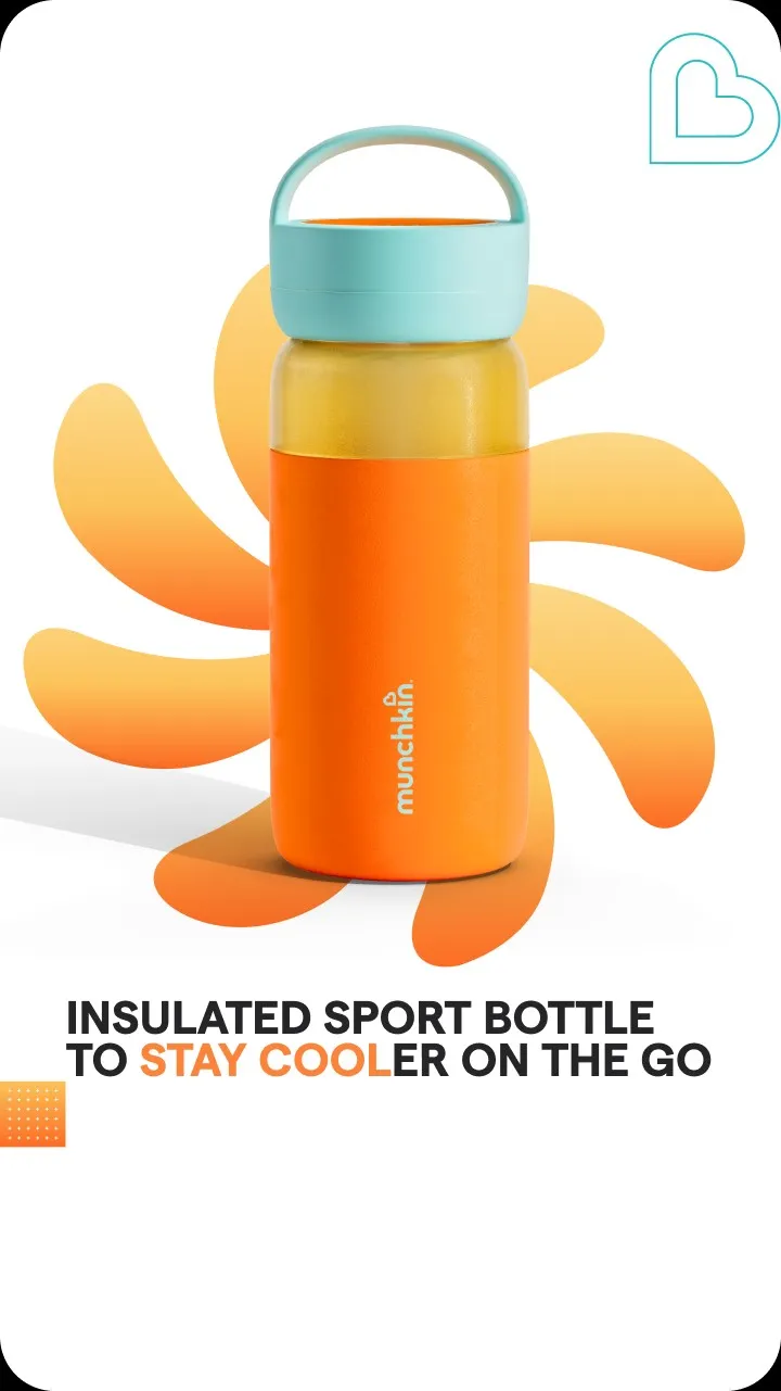 Feature post: the Stay Cool bottle on a fan of orange petals, headline “Insulated sport bottle to stay cooler on the go”
