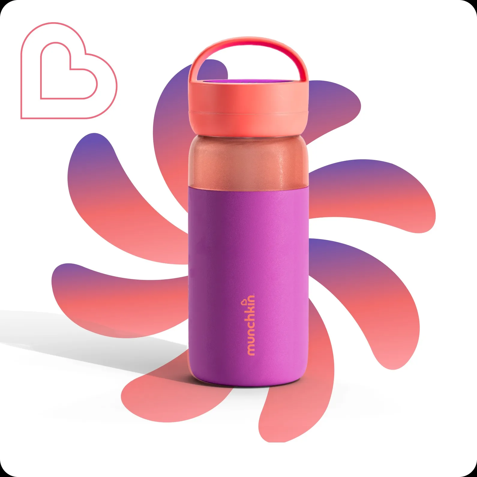 Purple Munchkin bottle on a fan of coral and violet glyph petals, the heart mark outlined above