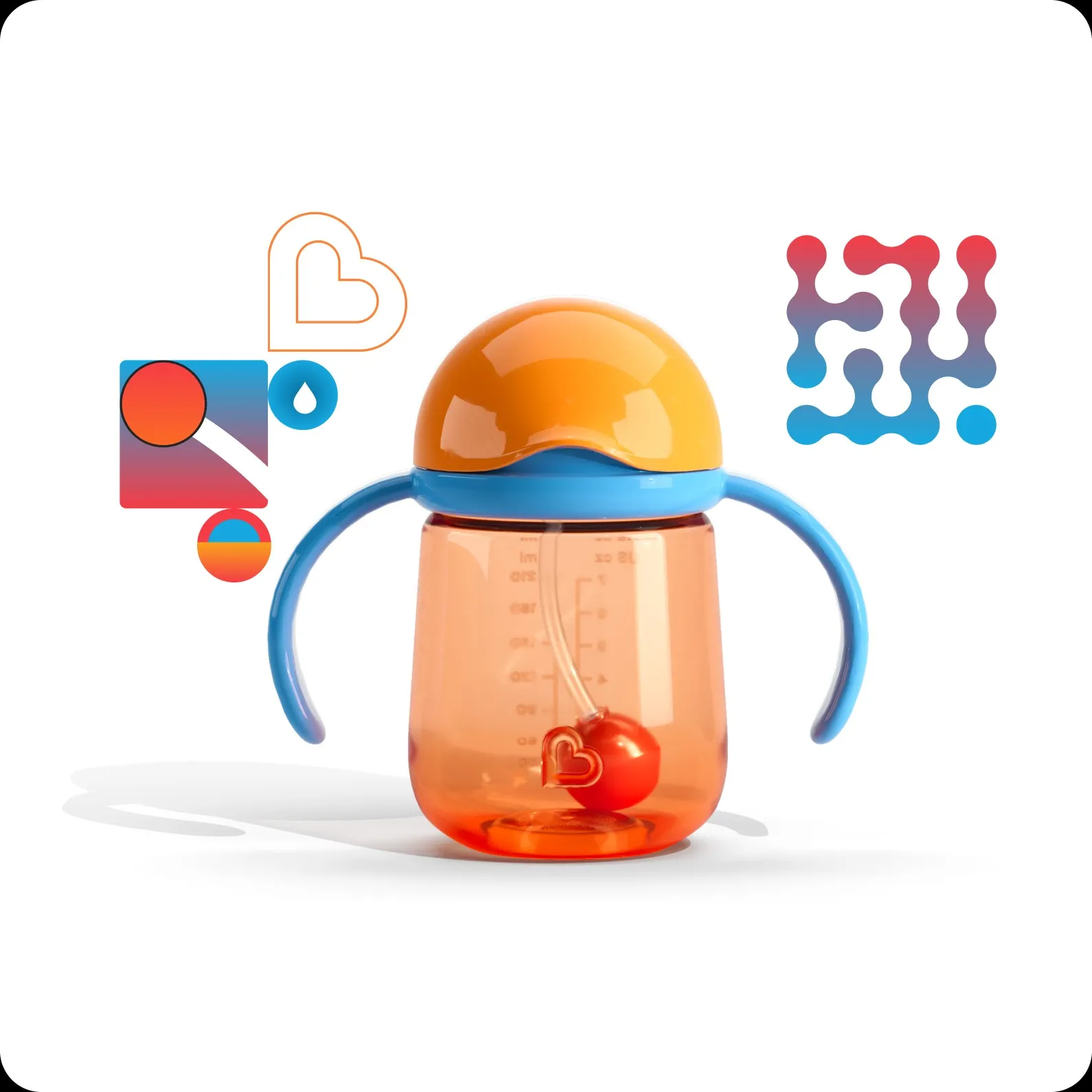 Orange Munchkin weighted-straw cup surrounded by its feature glyphs