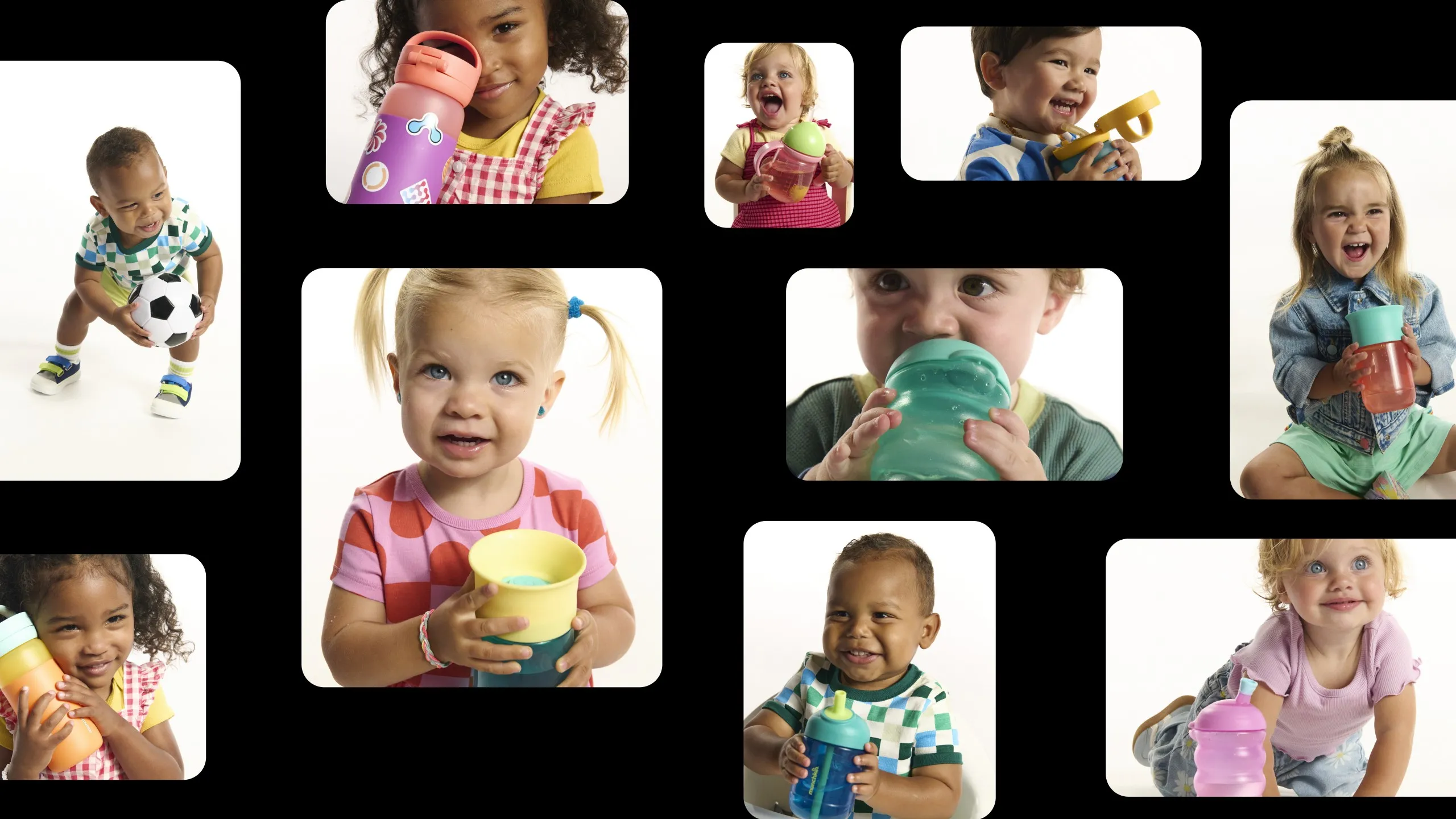 Campaign photography: toddlers drinking from and playing with Munchkin cups and bottles
