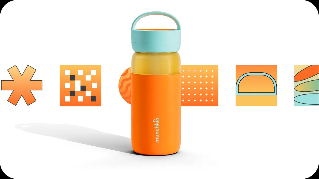 Orange Munchkin bottle standing in a row of orange feature glyphs