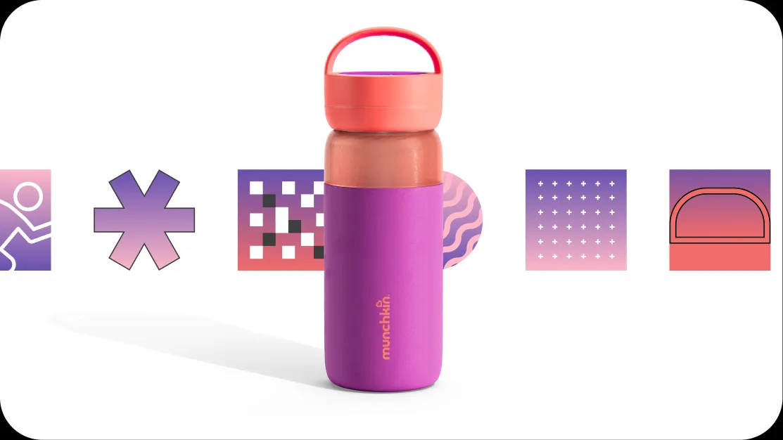 Purple Munchkin bottle standing in a row of purple feature glyphs