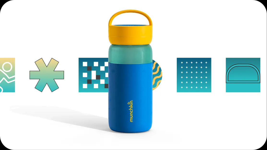 Blue Munchkin bottle standing in a row of teal feature glyphs