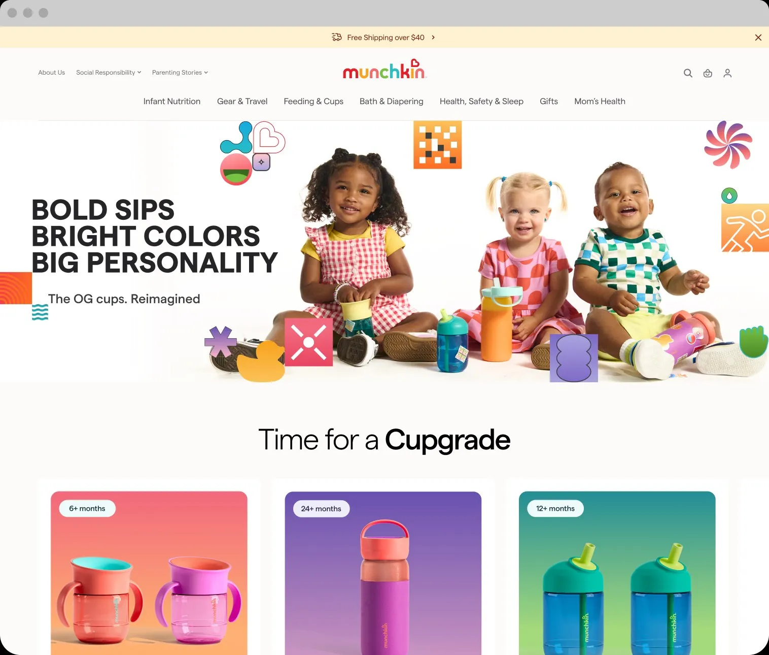 The Munchkin cups landing page: “Bold sips, bright colors, big personality” over the range, then a Time for a Cupgrade section of age-staged cups